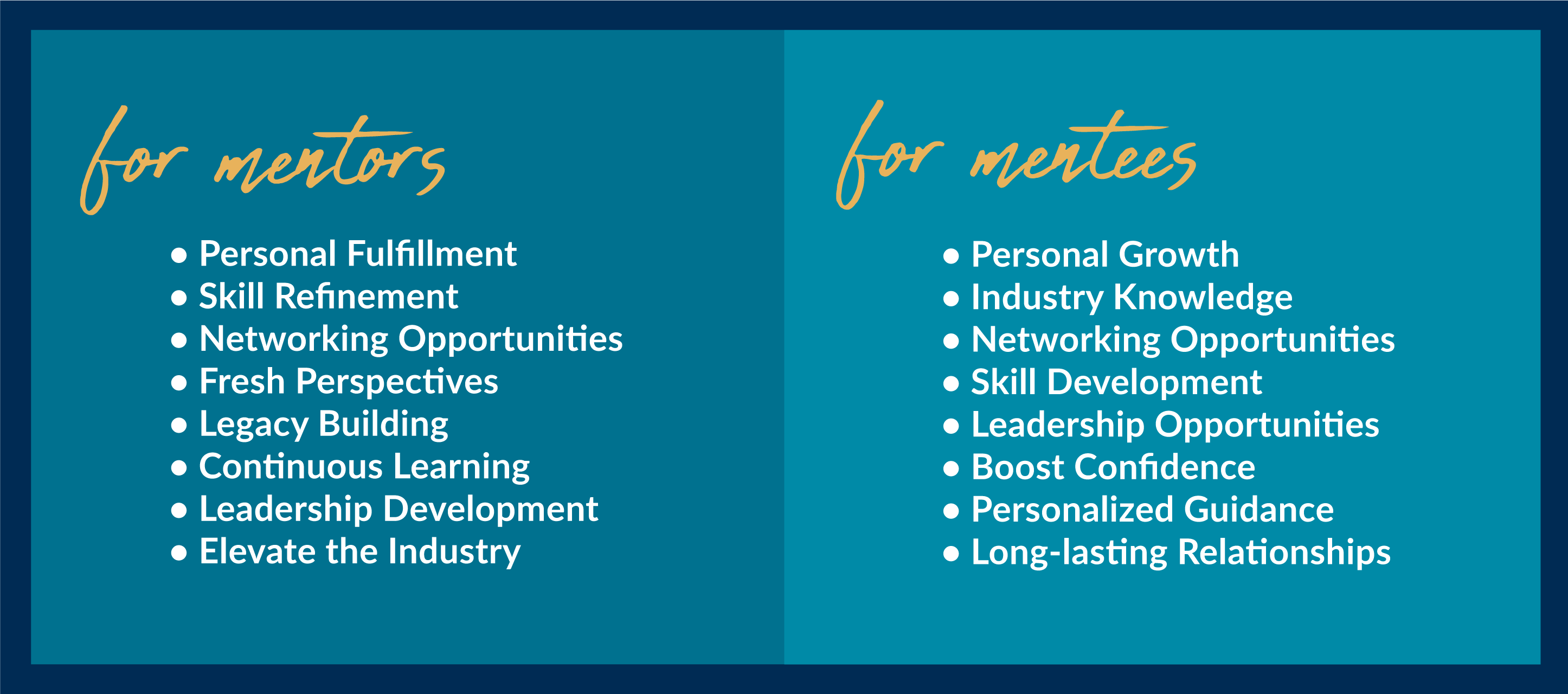 For Mentors: ⦁ Personal Fulfillment ⦁ Skill Refinement ⦁ Networking Opportunities ⦁ Fresh Perspective ⦁ Legacy Building ⦁ Continuous Learning ⦁ Leadership Development ⦁ Elevate the Industry - and - For Mentees: ⦁ Personal Growth ⦁ Industry Knowledge ⦁ Networking Opportunities ⦁ Skill Development ⦁ Leadership Opportunities ⦁ Boost Confidence ⦁ Personalized Guidance ⦁ Long-lasting Relationships